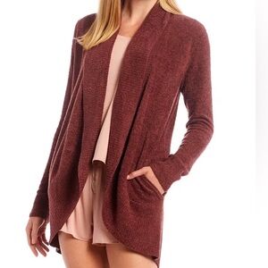 Barefoot Dreams CozyChic Lite Open Cardigan Burgundy Rust Medium Pockets
